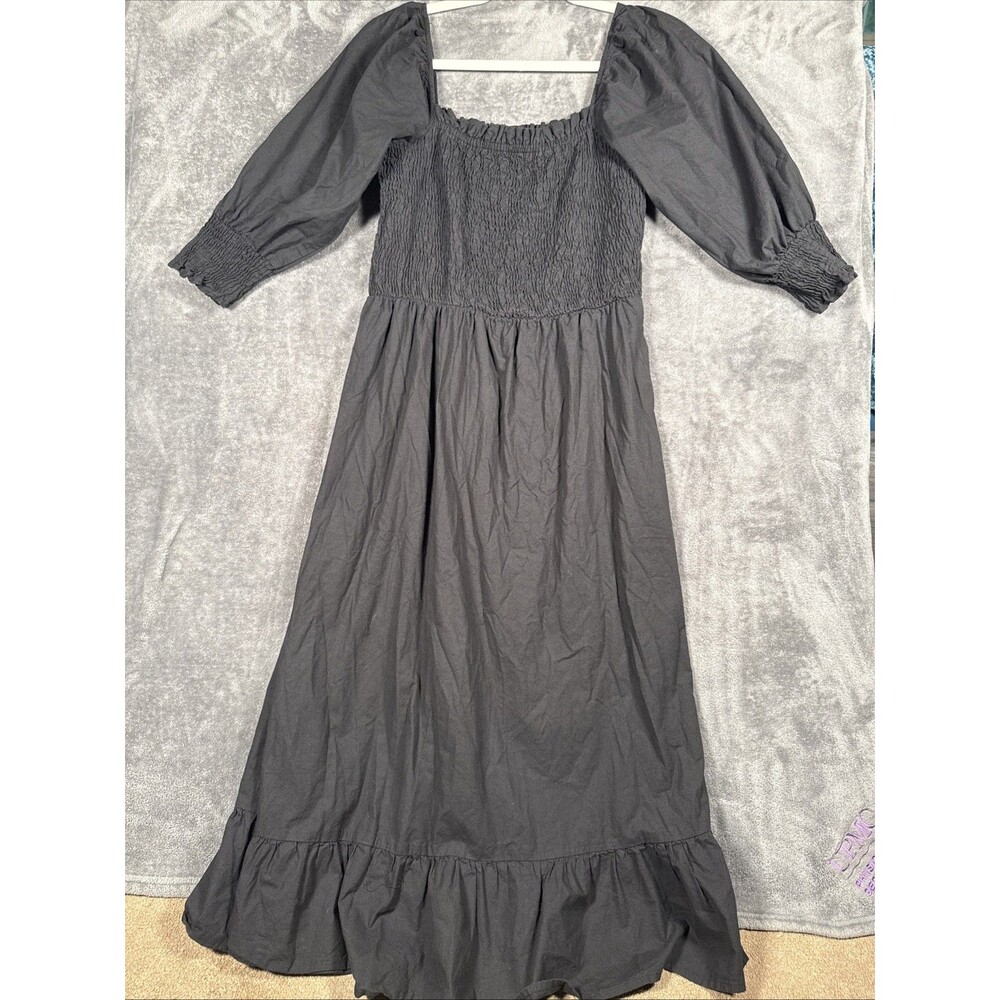 Sim & Sam Dress Womens Large Black Puff 3/4 Sleeve Smocked Milkmaid Long